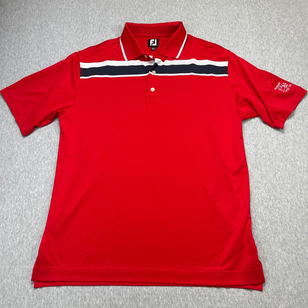 FootJoy Mens Red Chest Stripe Golf Polo Shirt Missouri Bluffs Golf Club Large
